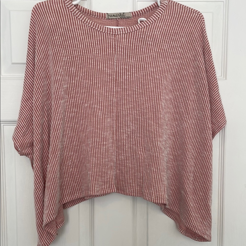 Pink Ribbed Oversized Blouse with Short Sleeves